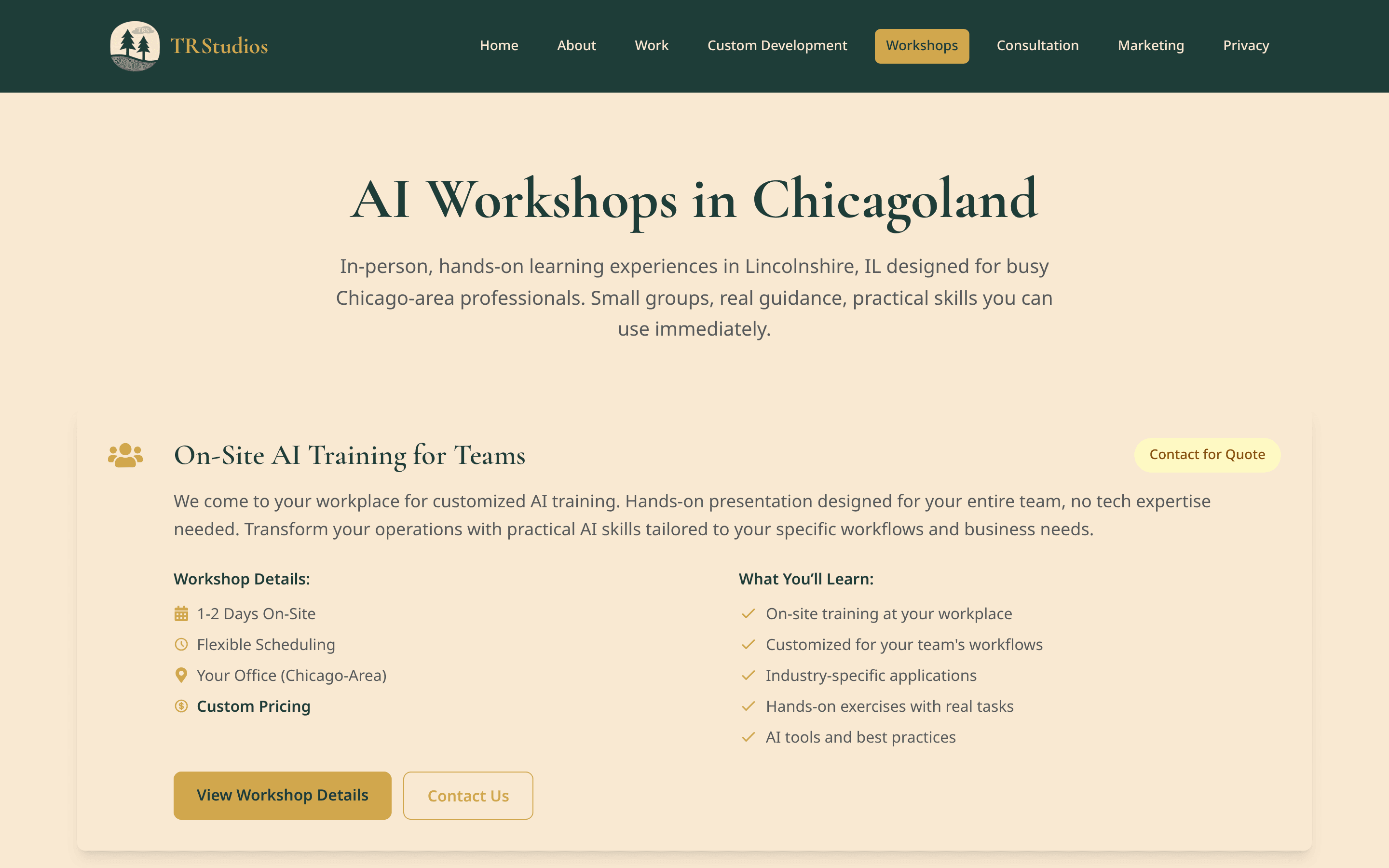 The workshops page, where the studio offers teaching sessions.